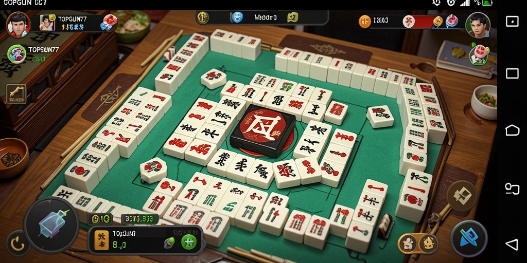 Screenshot gameplay TOPGUN77 menampilkan suasana permainan Mahjong yang seru.